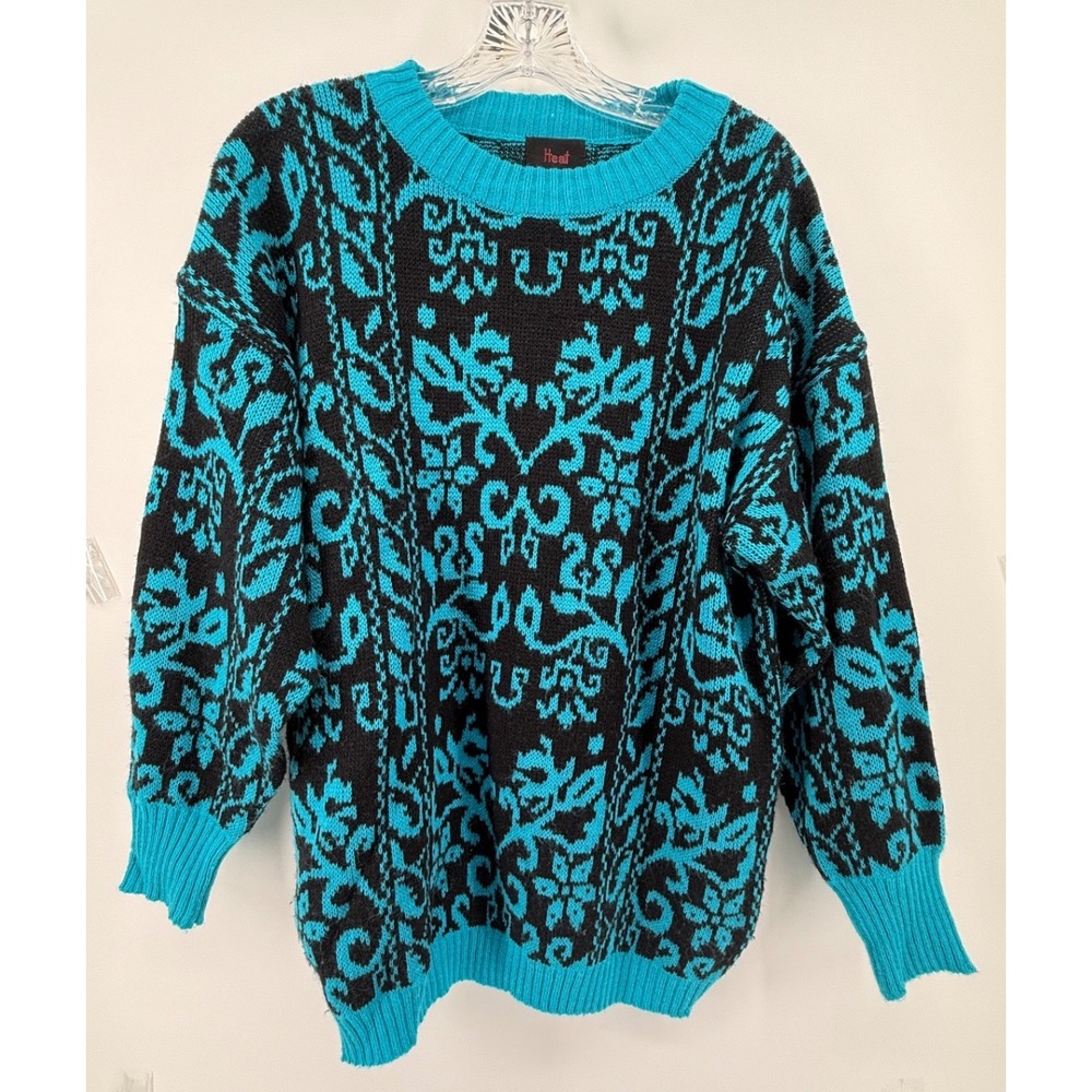 Vintage Heat Turquoise Black Damask Floral Knit Oversized Sweater Med 80s Retro
